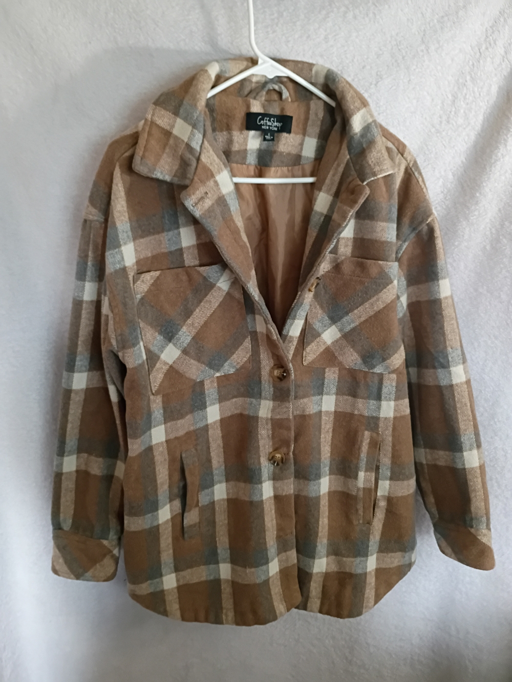 CoffeeShop Plaid Utility Jacket in Tan, Gray & Cream